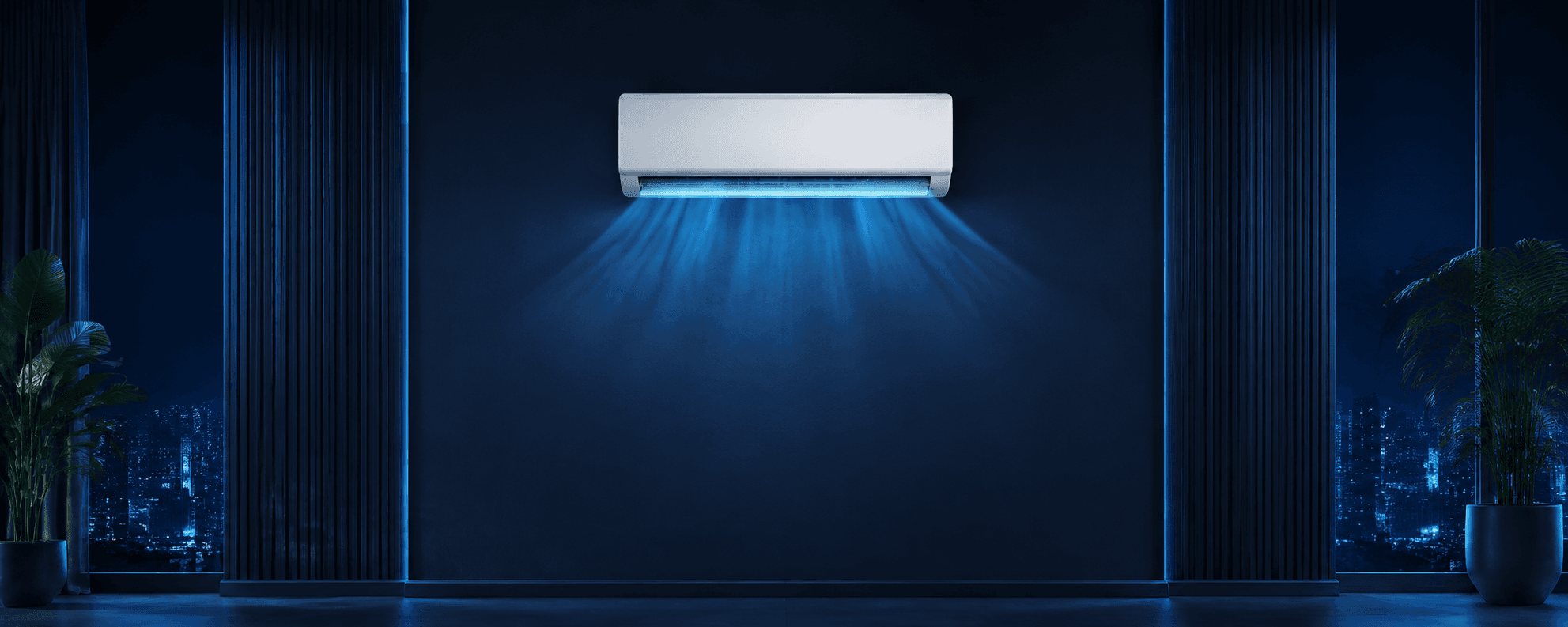 Ar-condicionado centralizado em um ambiente moderno iluminado em azul