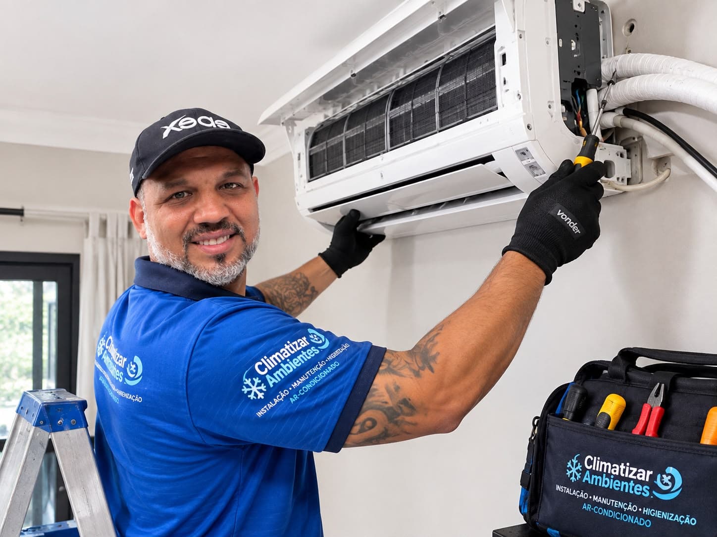 Proprietário da Climatizar realizando manutenção em ar-condicionado